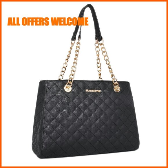 Handbags - Quilted Medium Tote Bag with Chain Strap, Multiple Compartments